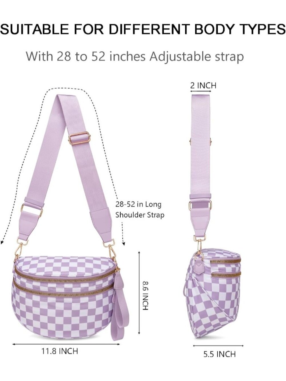 Women's Purple Spacious Checkered Double-Zipper Compartments Crossbody Bags - Picture 3 of 6